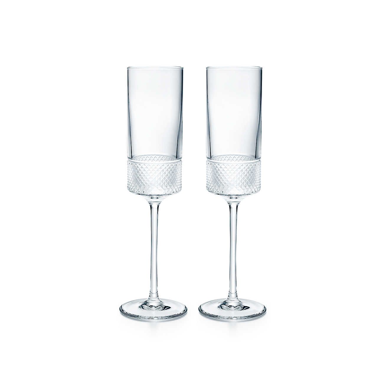 Diamond Point champagne flutes in crystal glass, set of two.